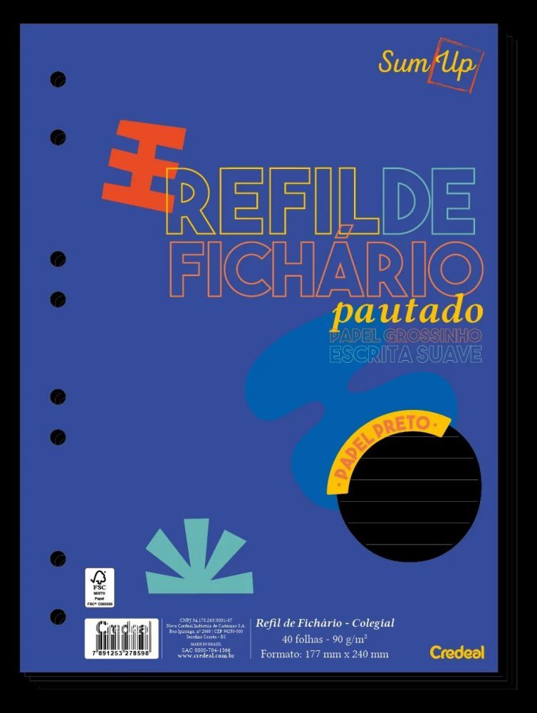 Refil Caderno Argolado - Credeal - Preto Pautado Colegial 40 Fl