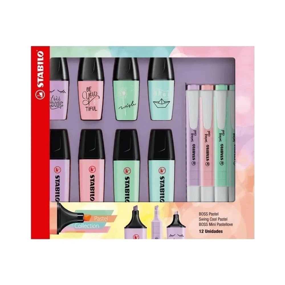 Kit Stabilo de Marca Texto 4 Boss | 4 Mini Love | 4 Swing Cool - Cores Pastel