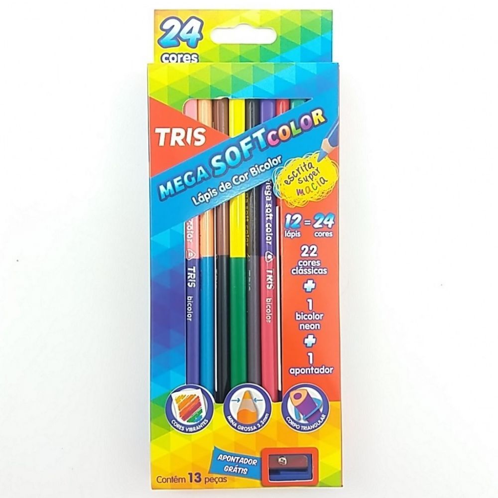 Lapis de Cor 24 Cores C/ Apontador Mega Soft Bicolor Tris